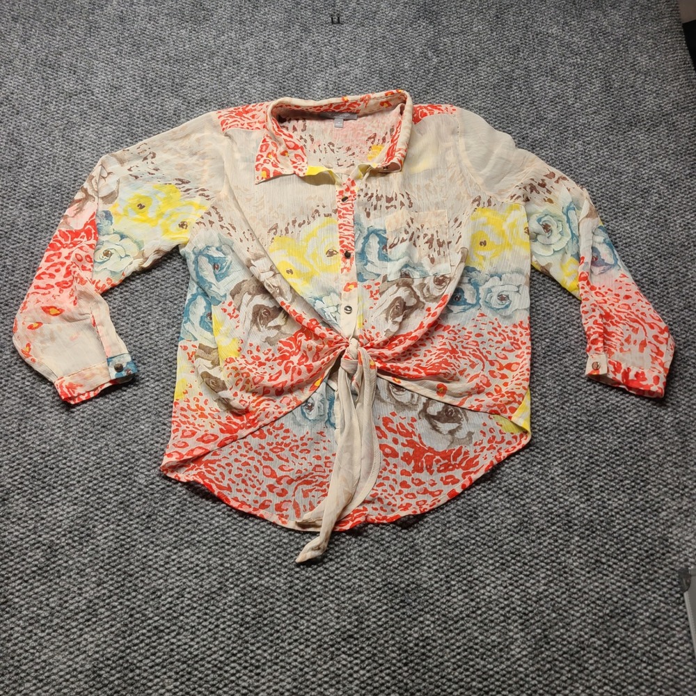NY Collection Woman 2X Floral Leopard Print Tie Front Button Shirt plus size